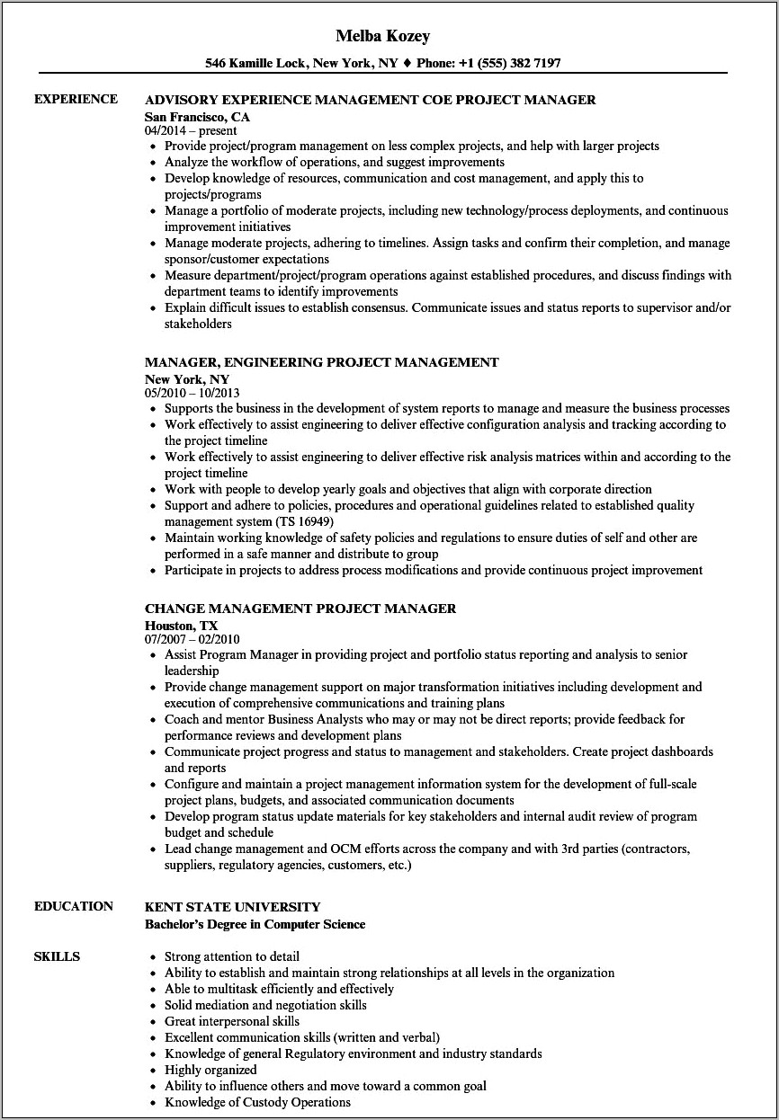 Project Manager Resume Project List