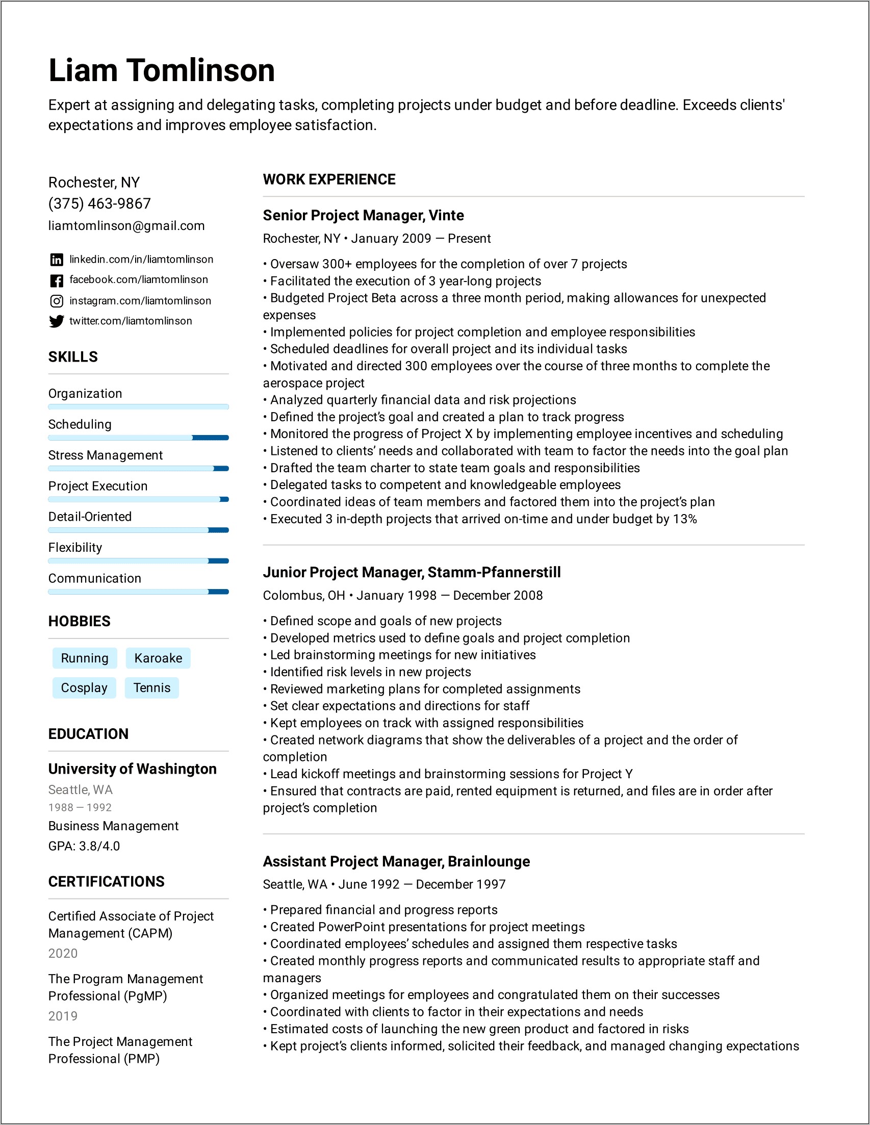 Project Manager Resume Sample Template