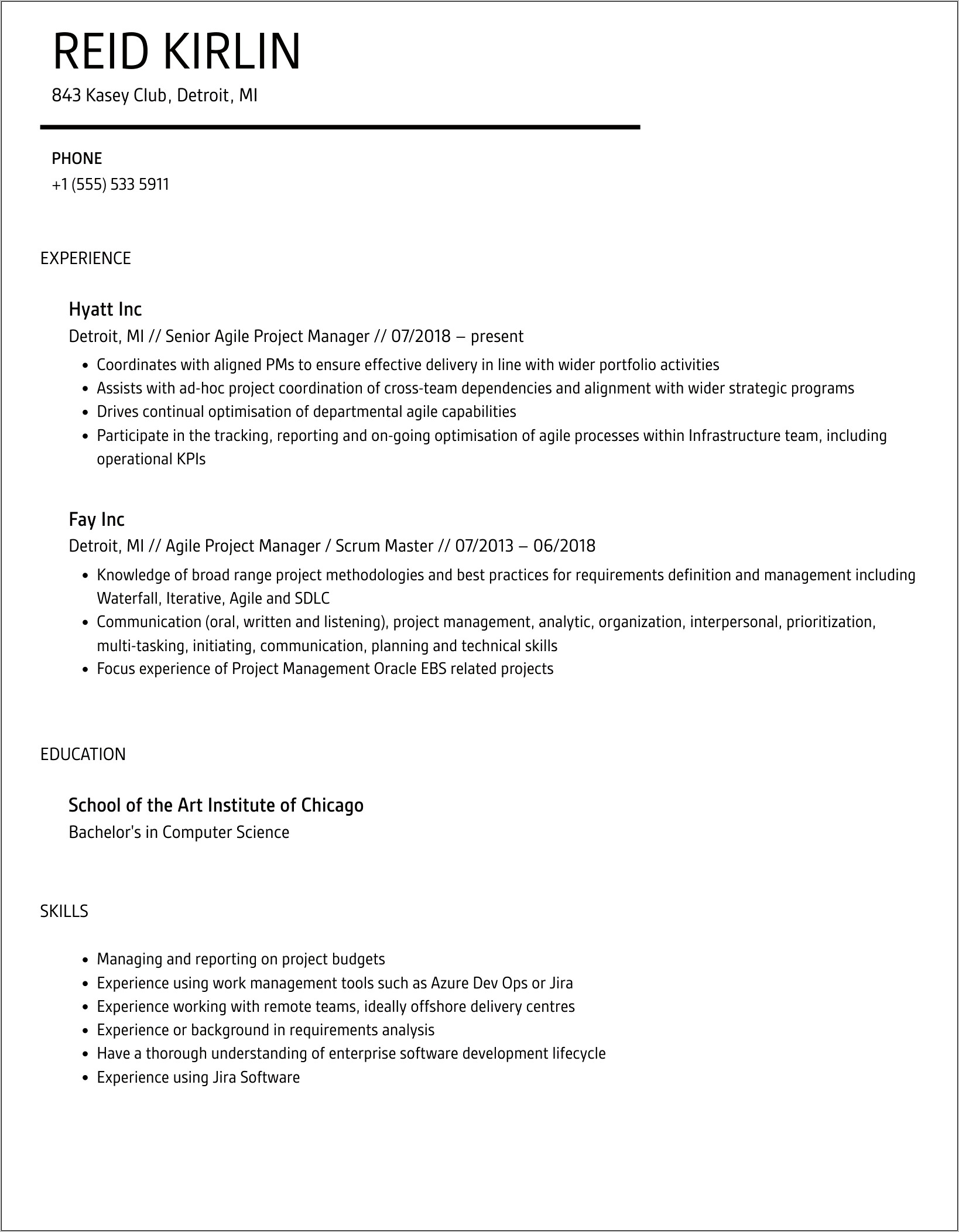 Project Manager Resume Waterfall Agile