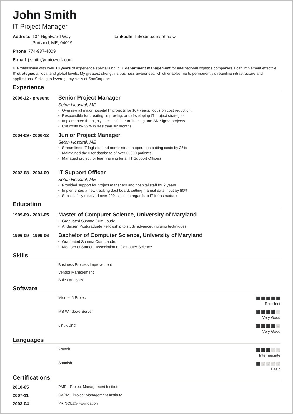 Project Manager Sample Resume Format