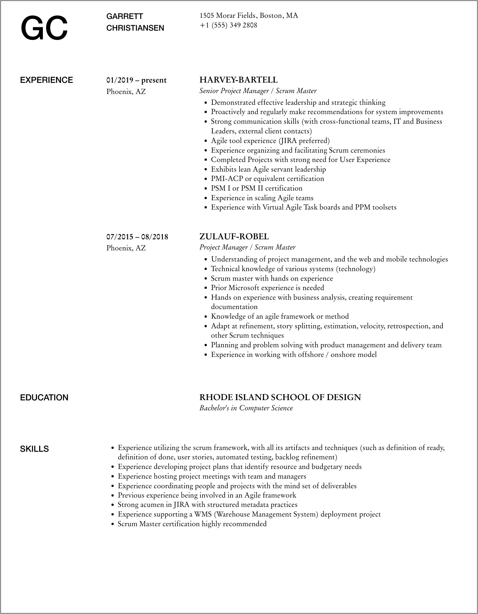 Project Manager Scrum Master Resume