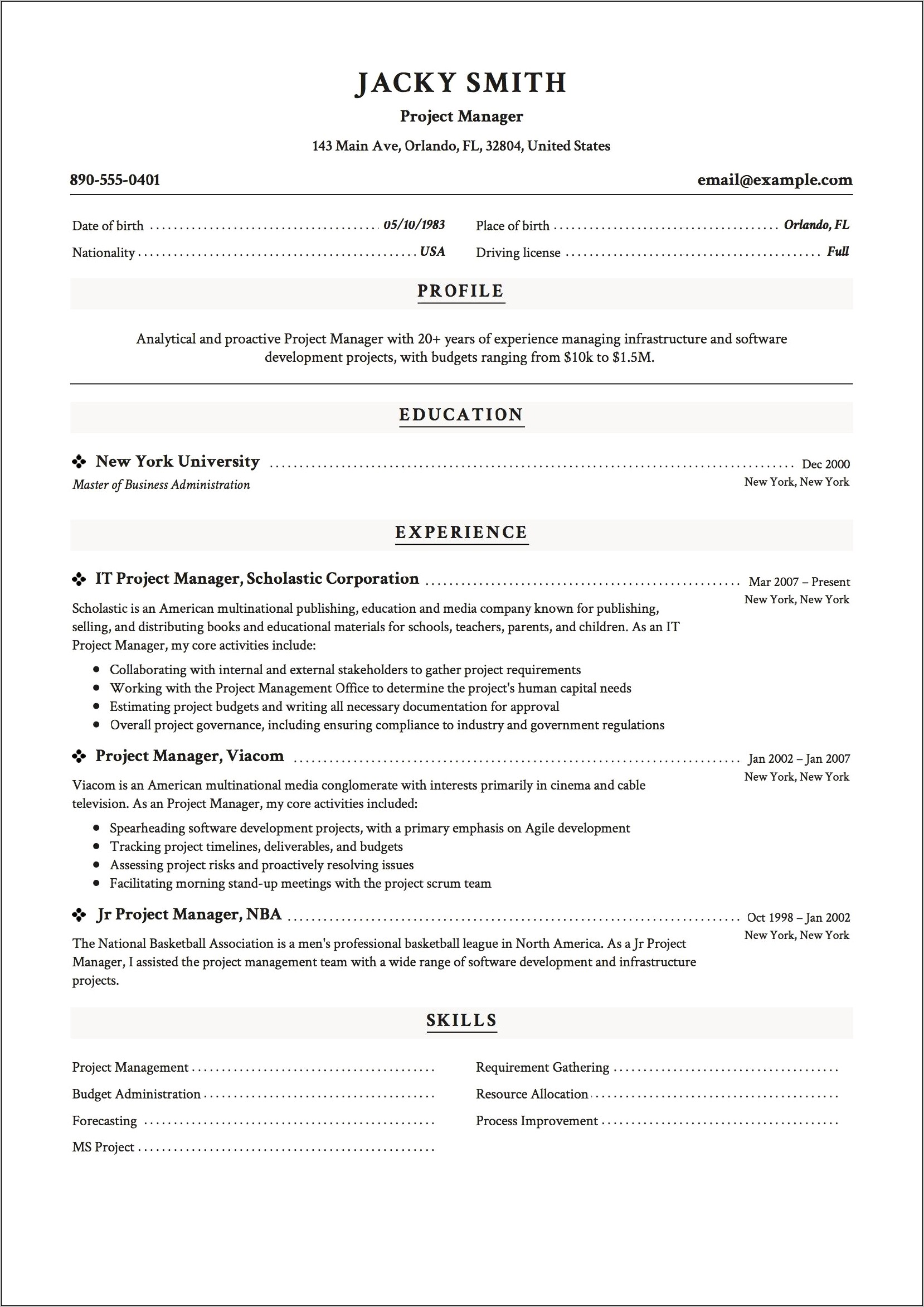 Project Manager Work Experience Resume