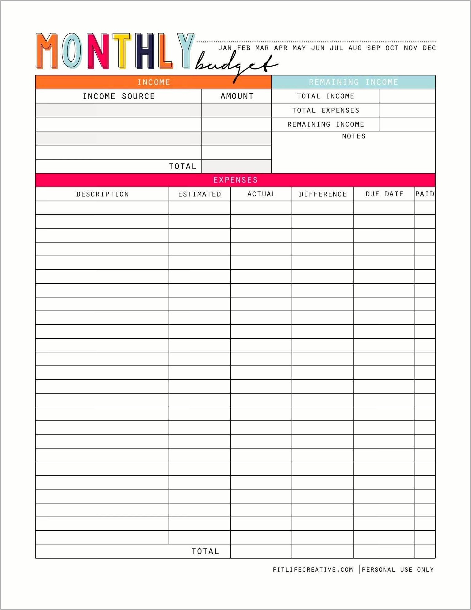 Projected Monthly Expense Chart Template For Free