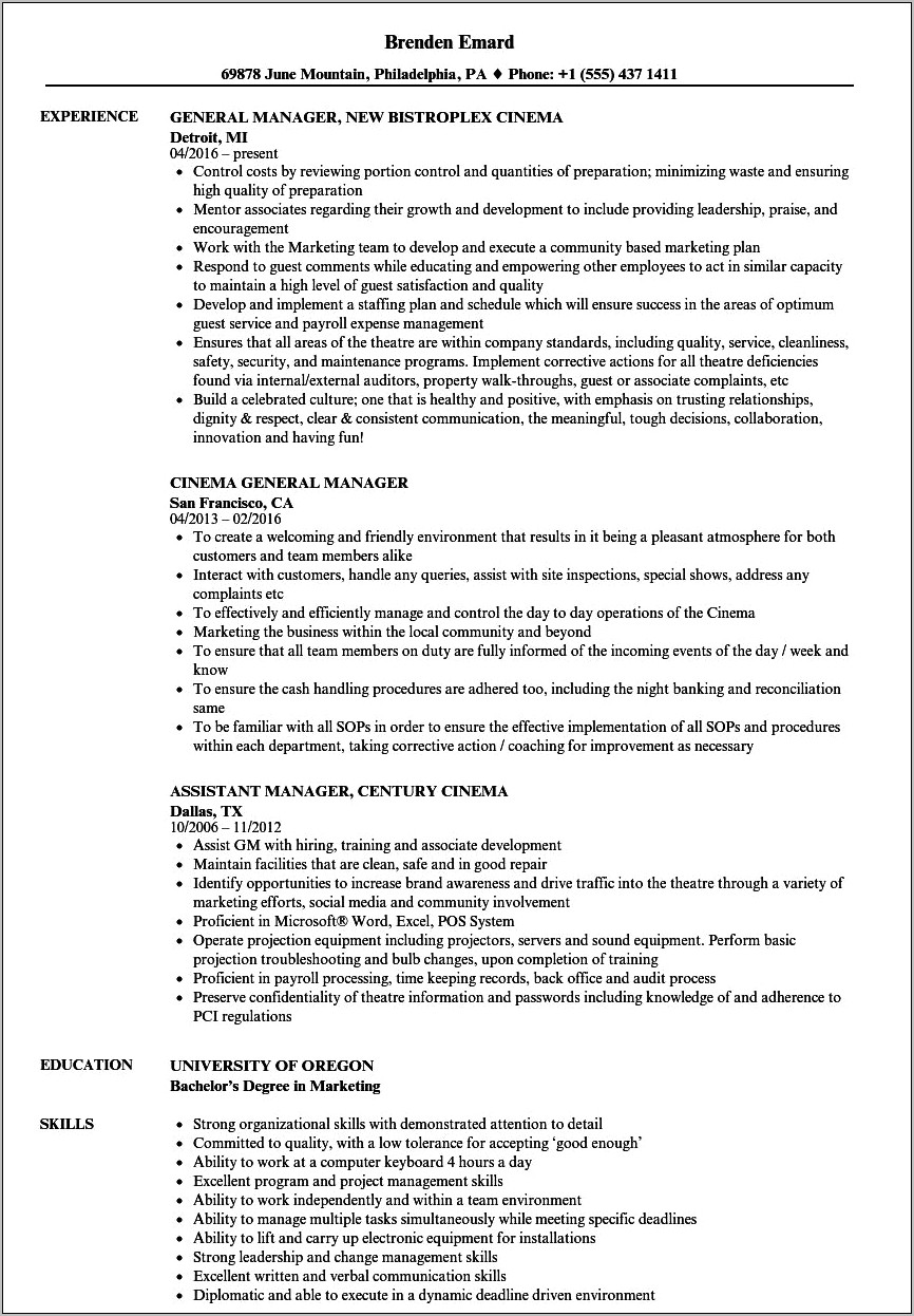 Projectionist Movie Job Resume Description