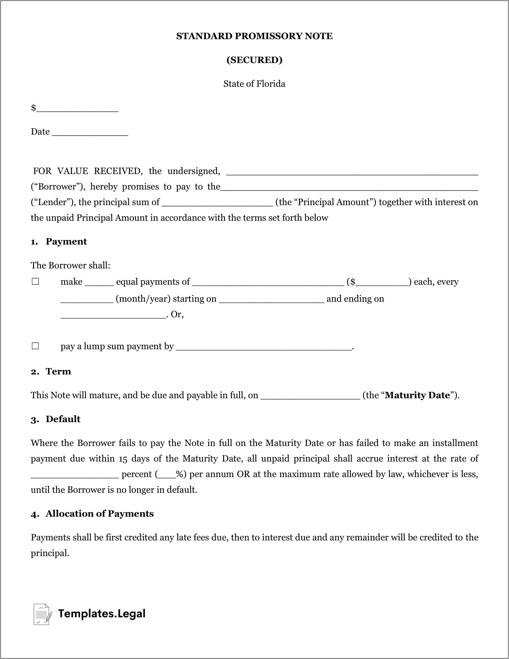 Promissory Note Template Florida Free Filetype Doc