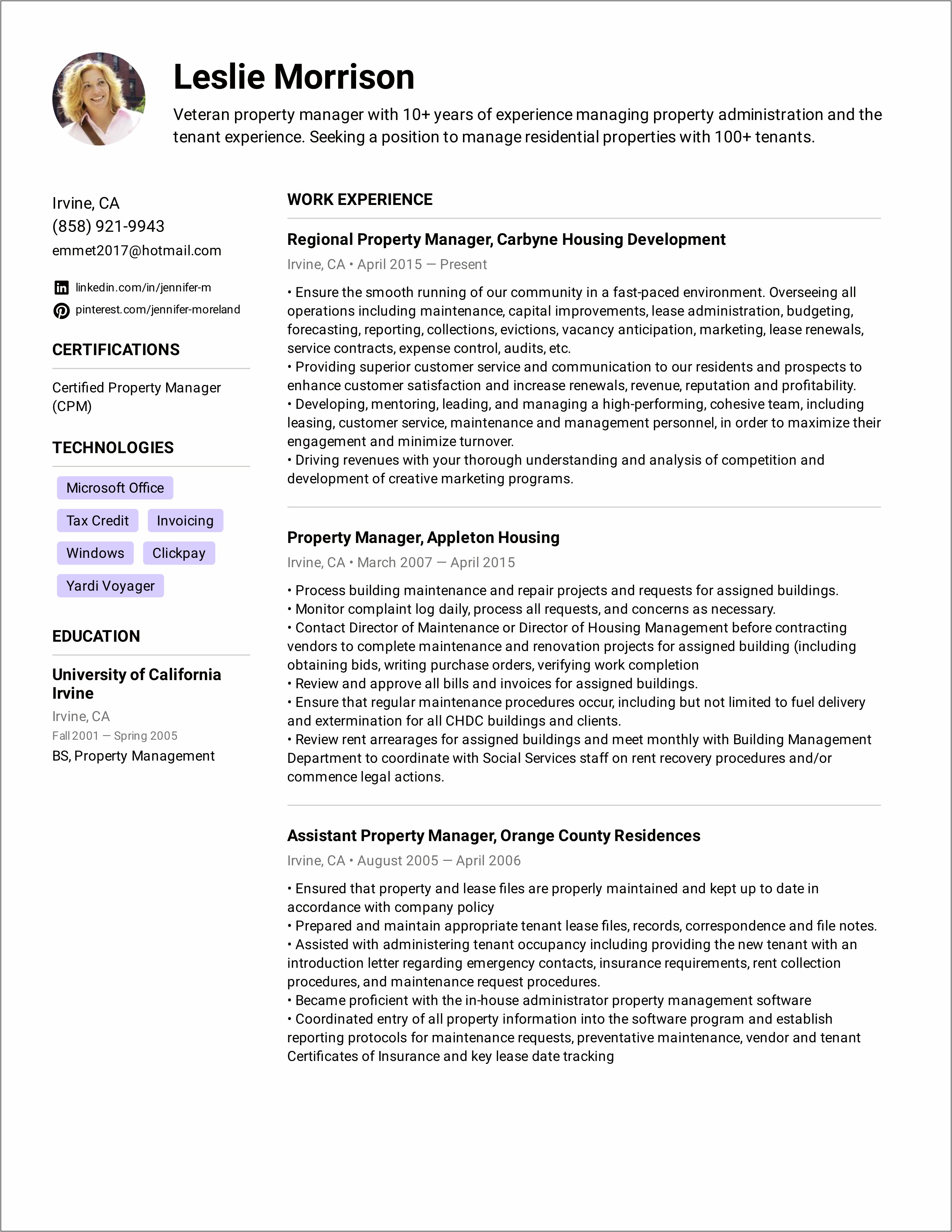 Property Maintenance Manager Resume Sample