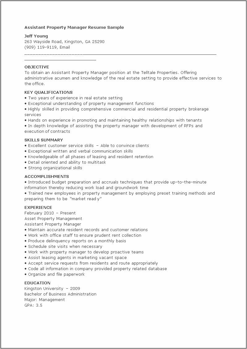 Property Management Assistant Resume Samples