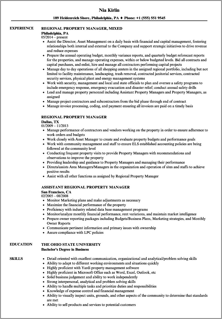 Property Manager Summary On Resume