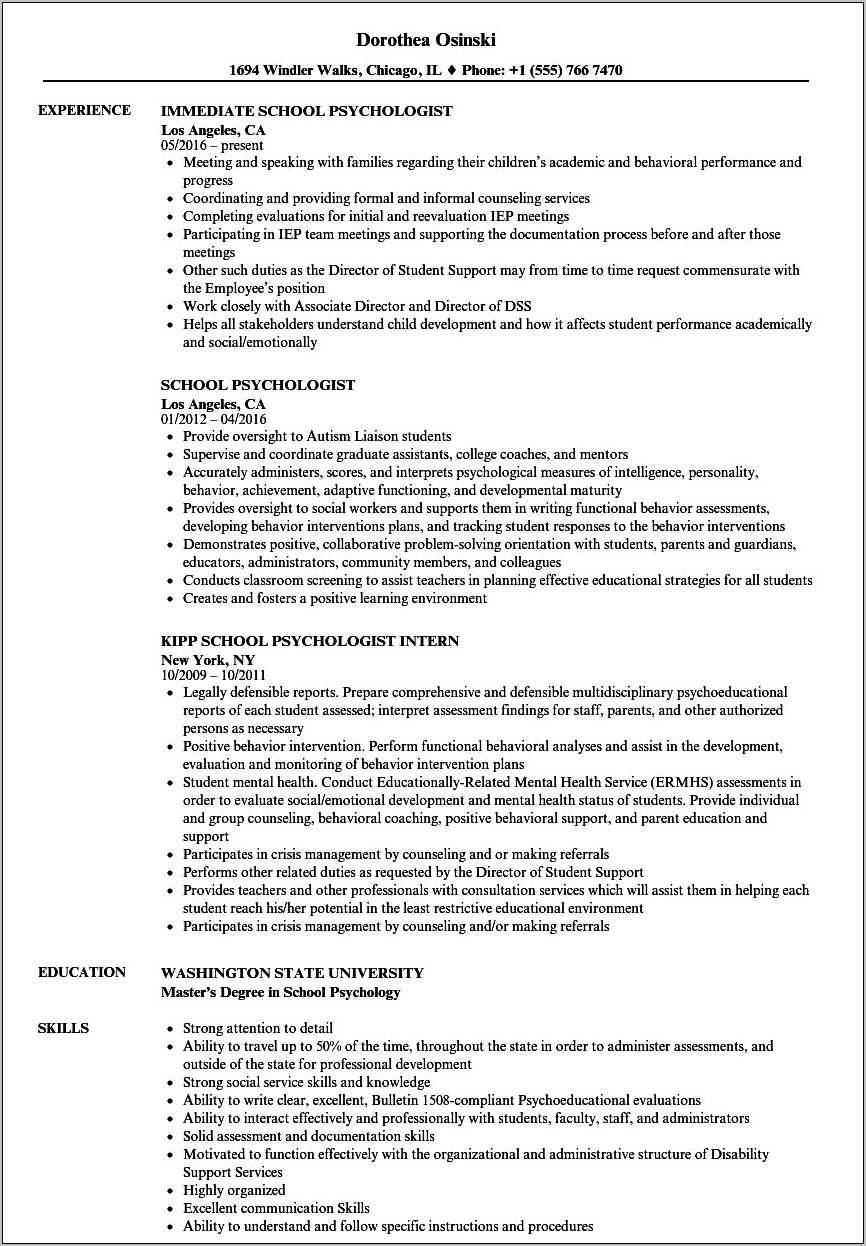 Psychology Degree Skills For Resume