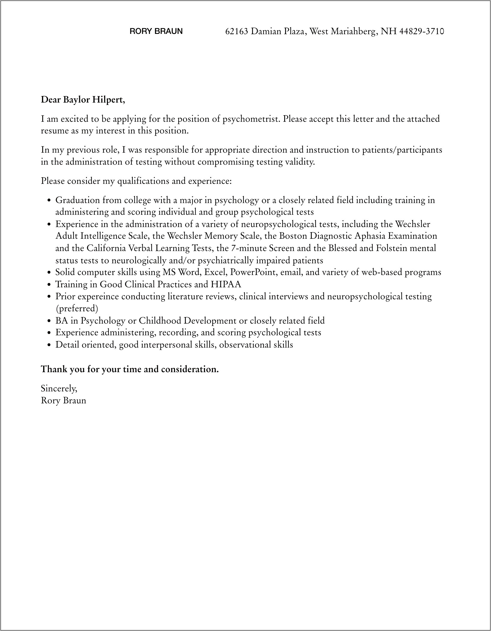 Psychometrist Resume Cover Letter Examples