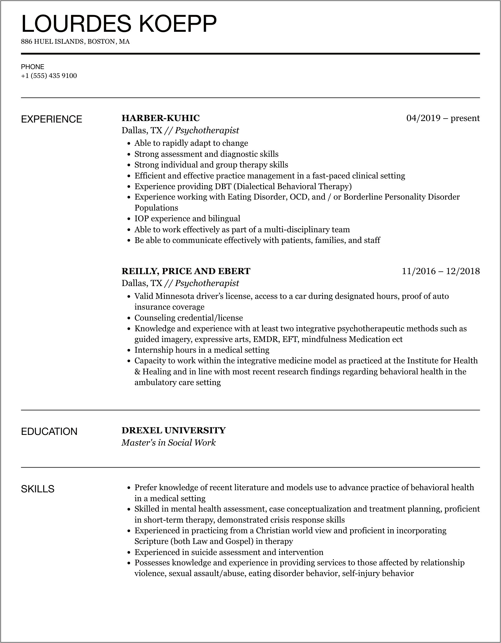 Psychotherapist Job Description For Resume