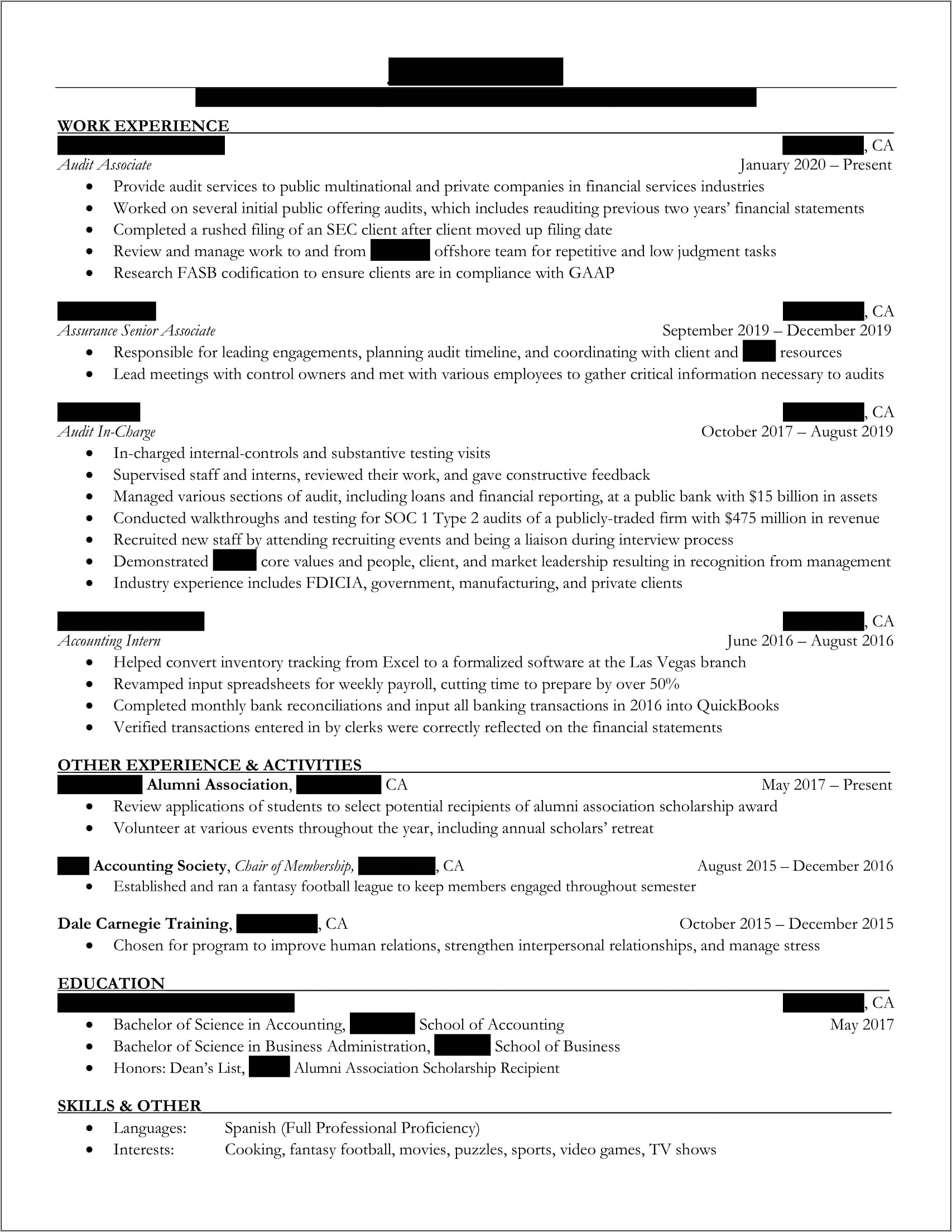 Public Accounting Audit Manager Resume