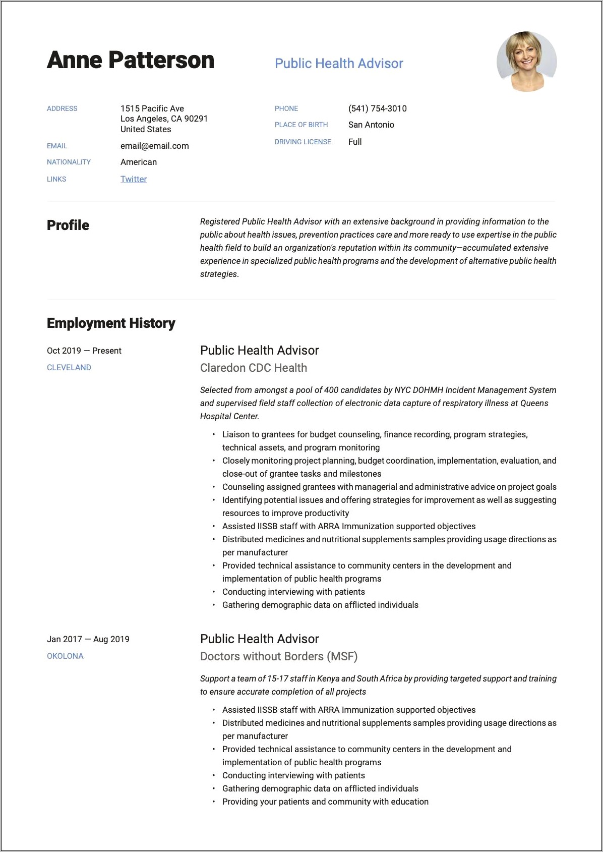 Public Health Educator Resume Example