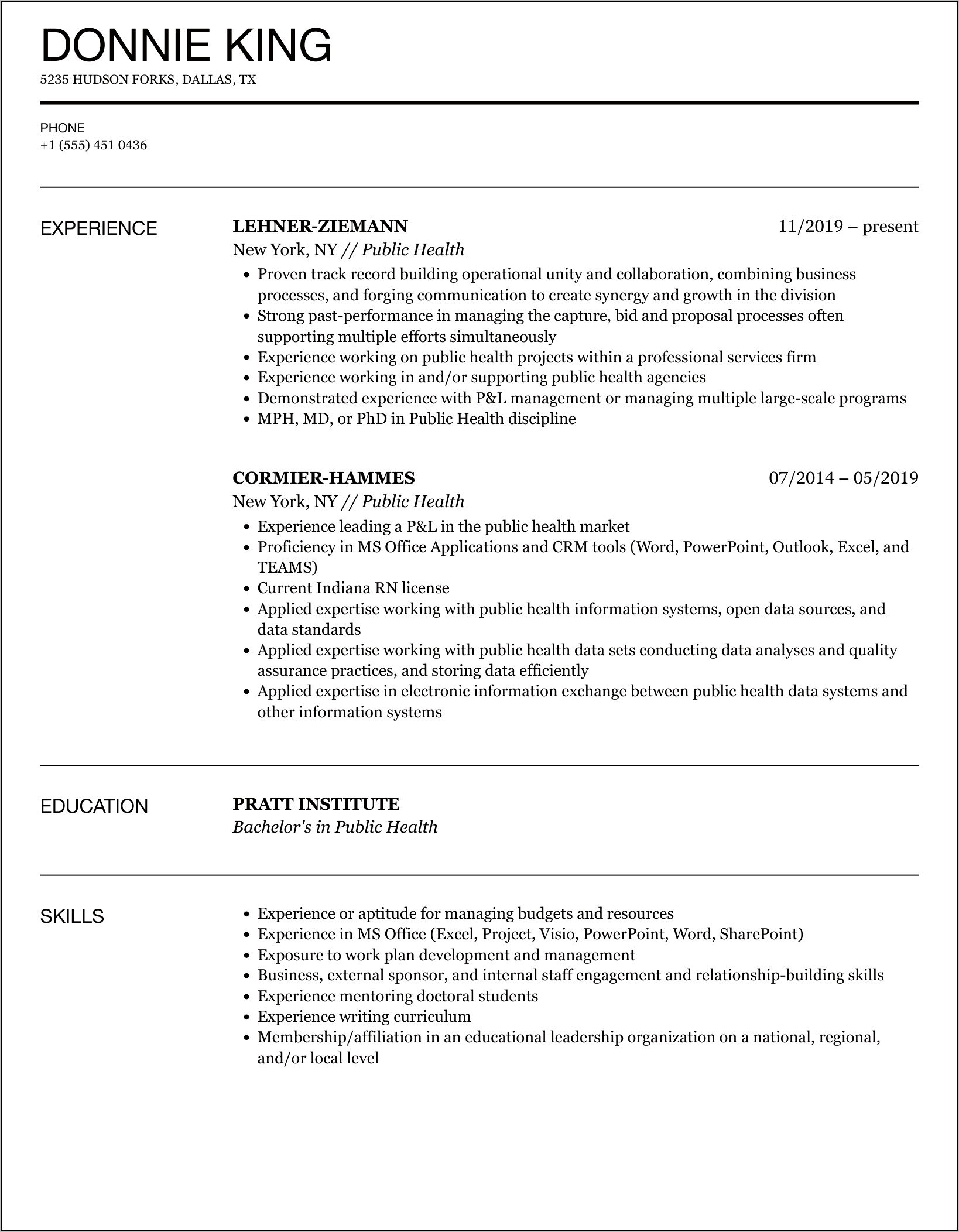 Public Health Objective For Resume