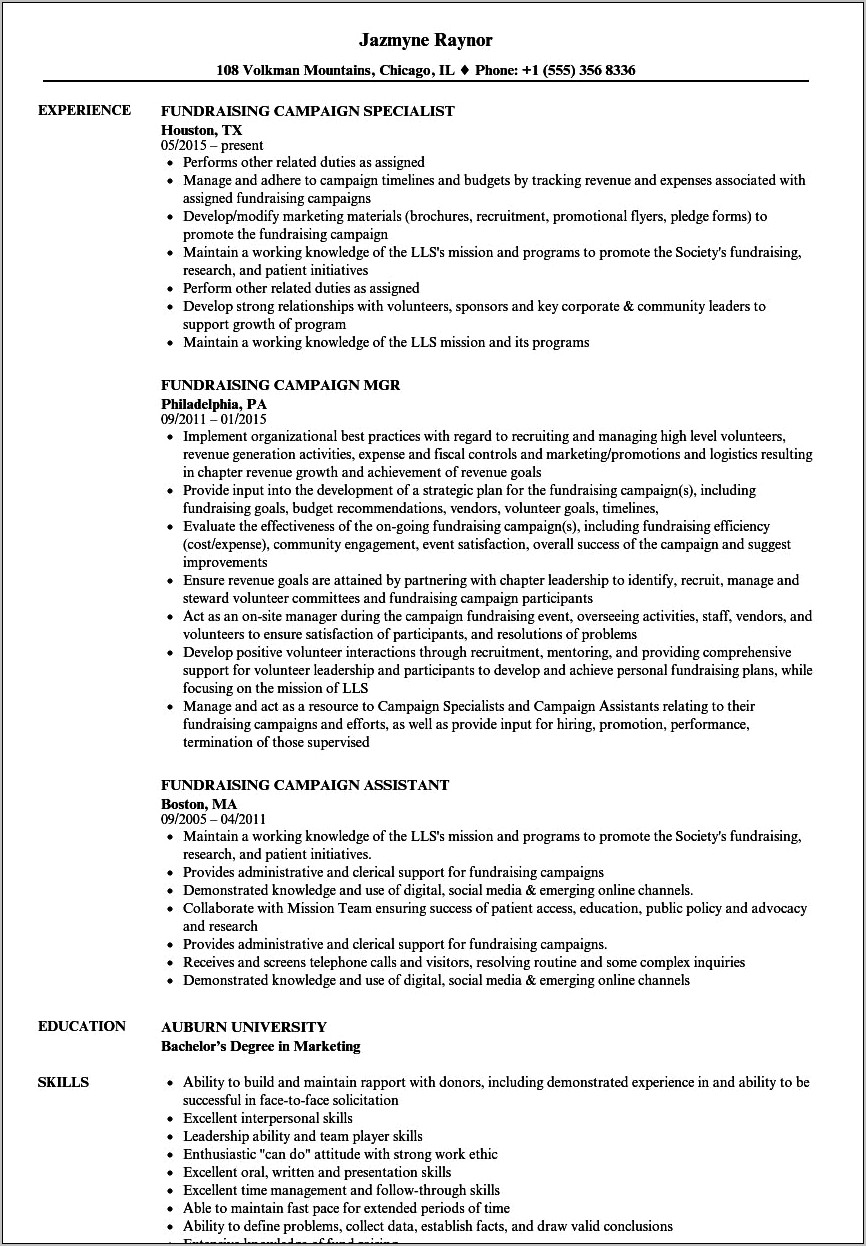 Public Relations Chair Resume Sample