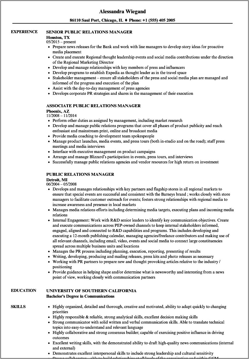 Public Relations Hr Resume Example