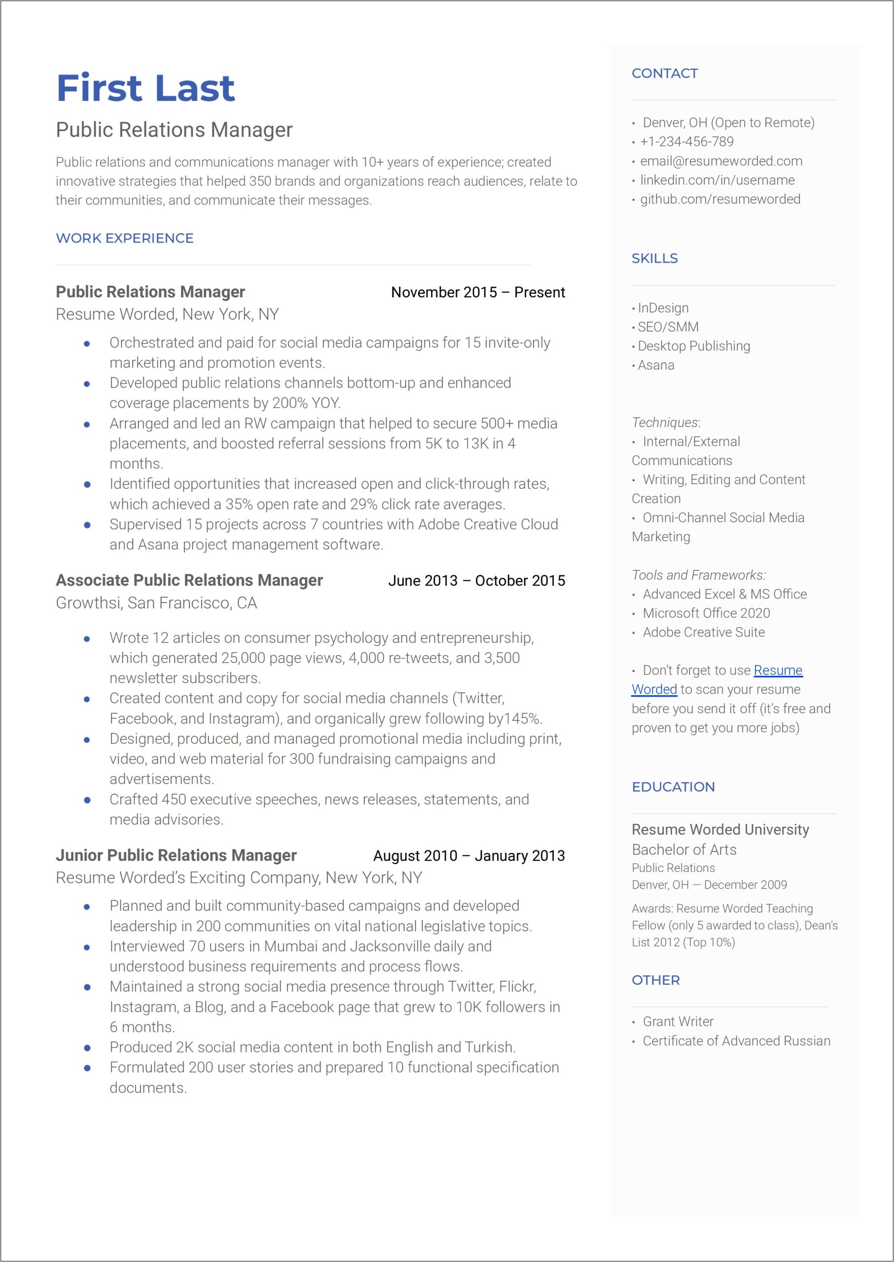 Public Relations Manager Resume Examples