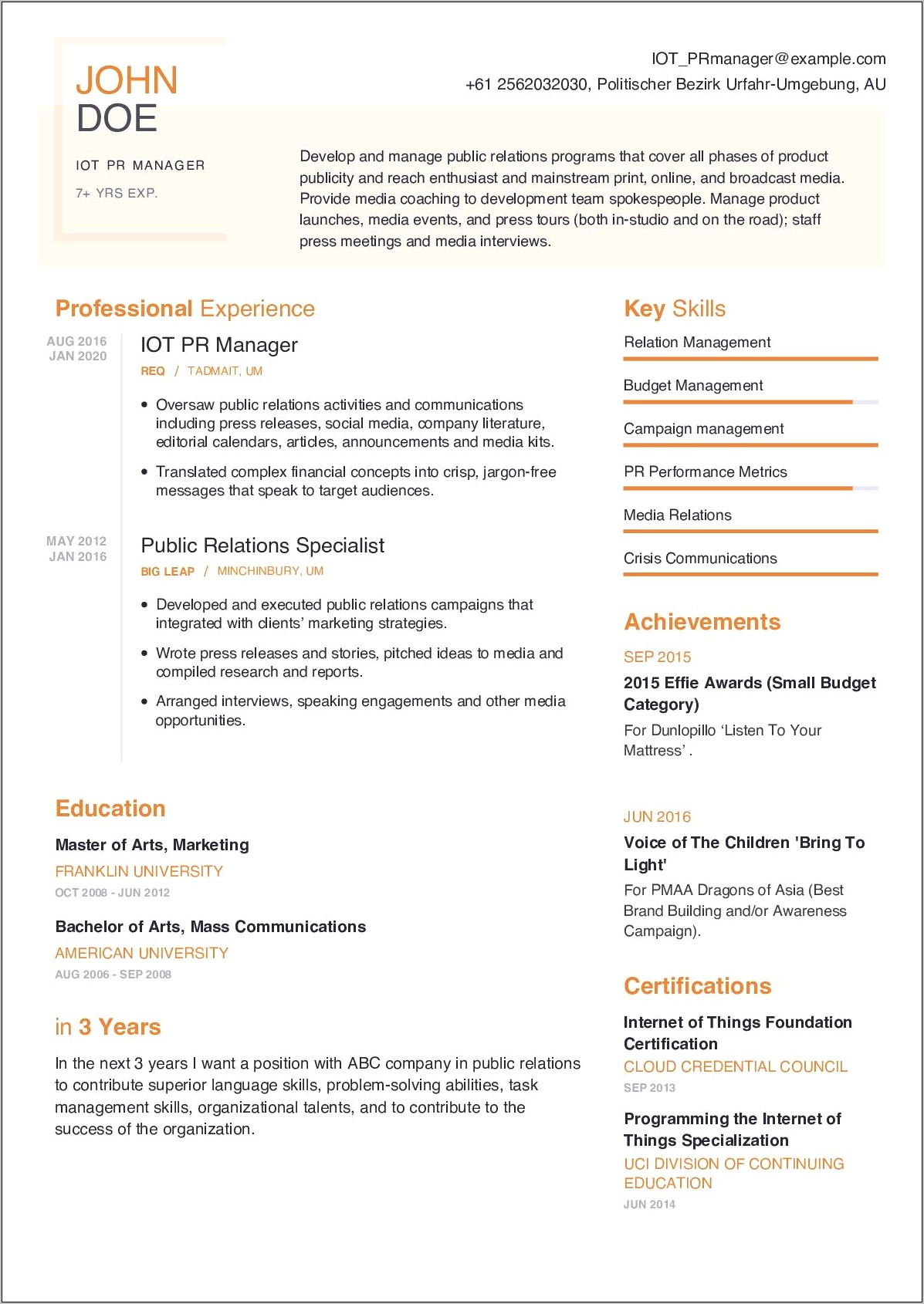 Public Relations Manager Resume Template