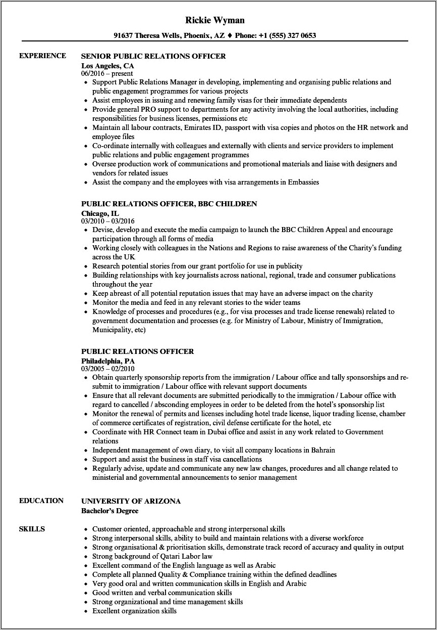 Public Relations Specialist Skills Resume