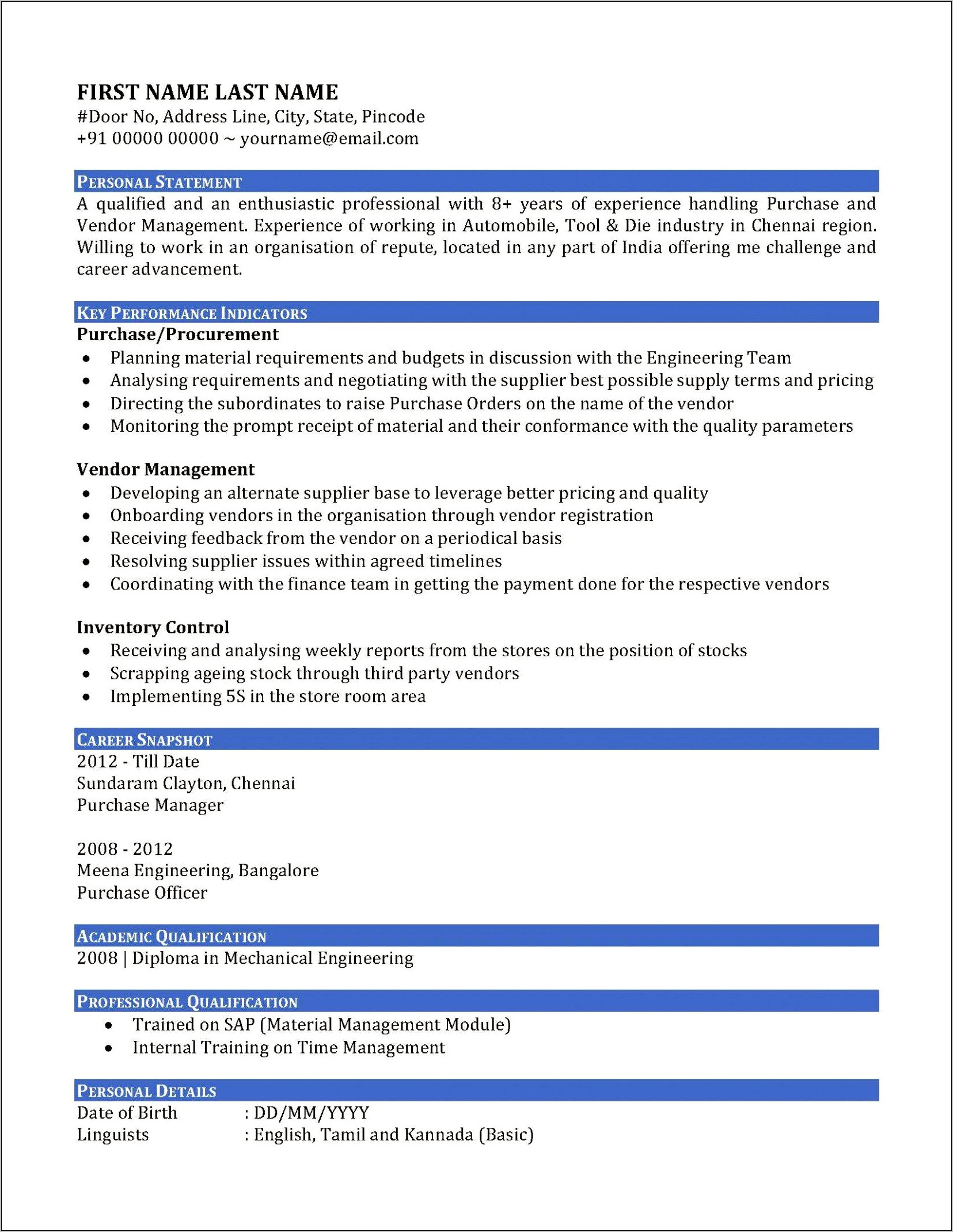 Purchase Executive Best Resume Format