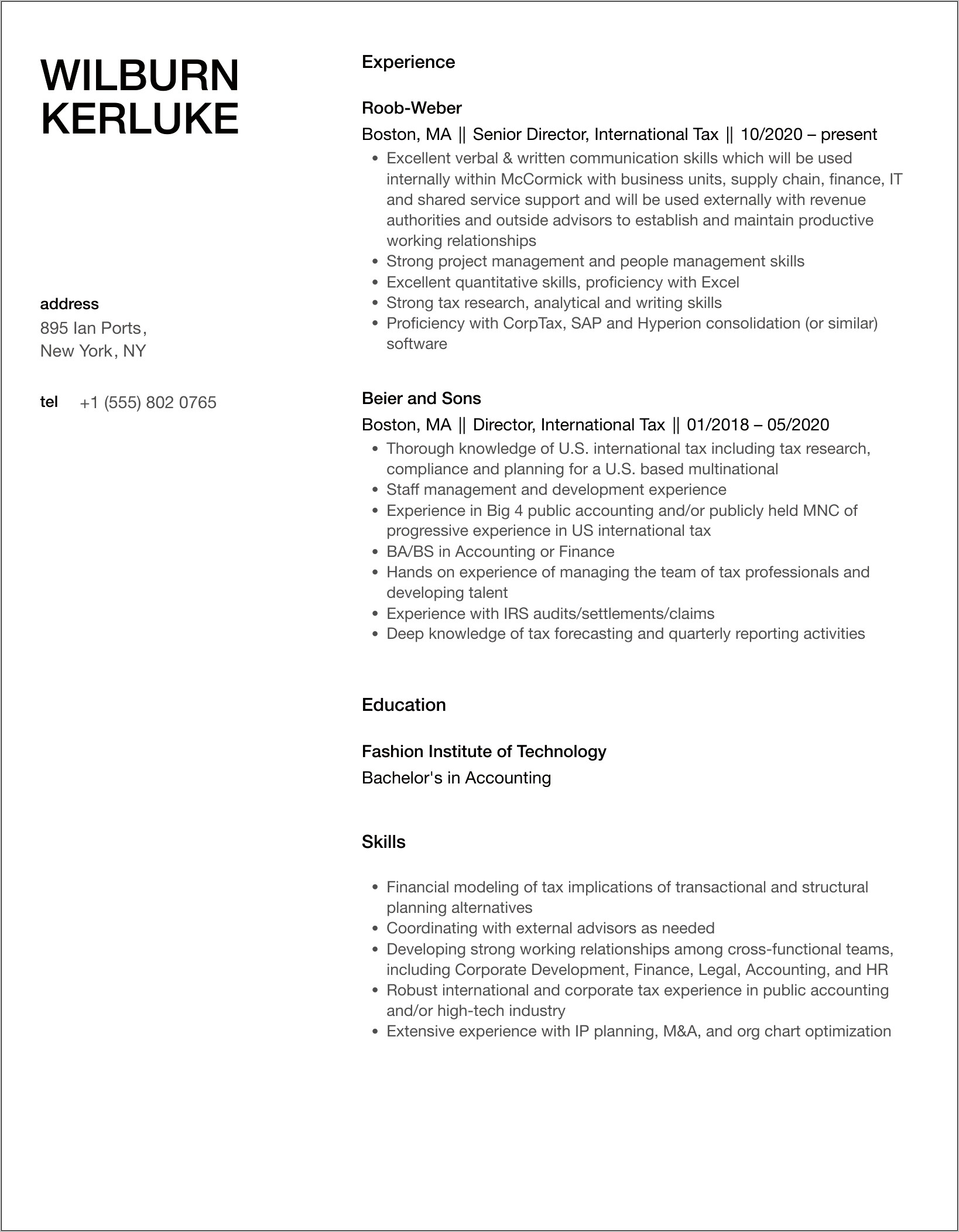 Pwc International Tax Resume Sample