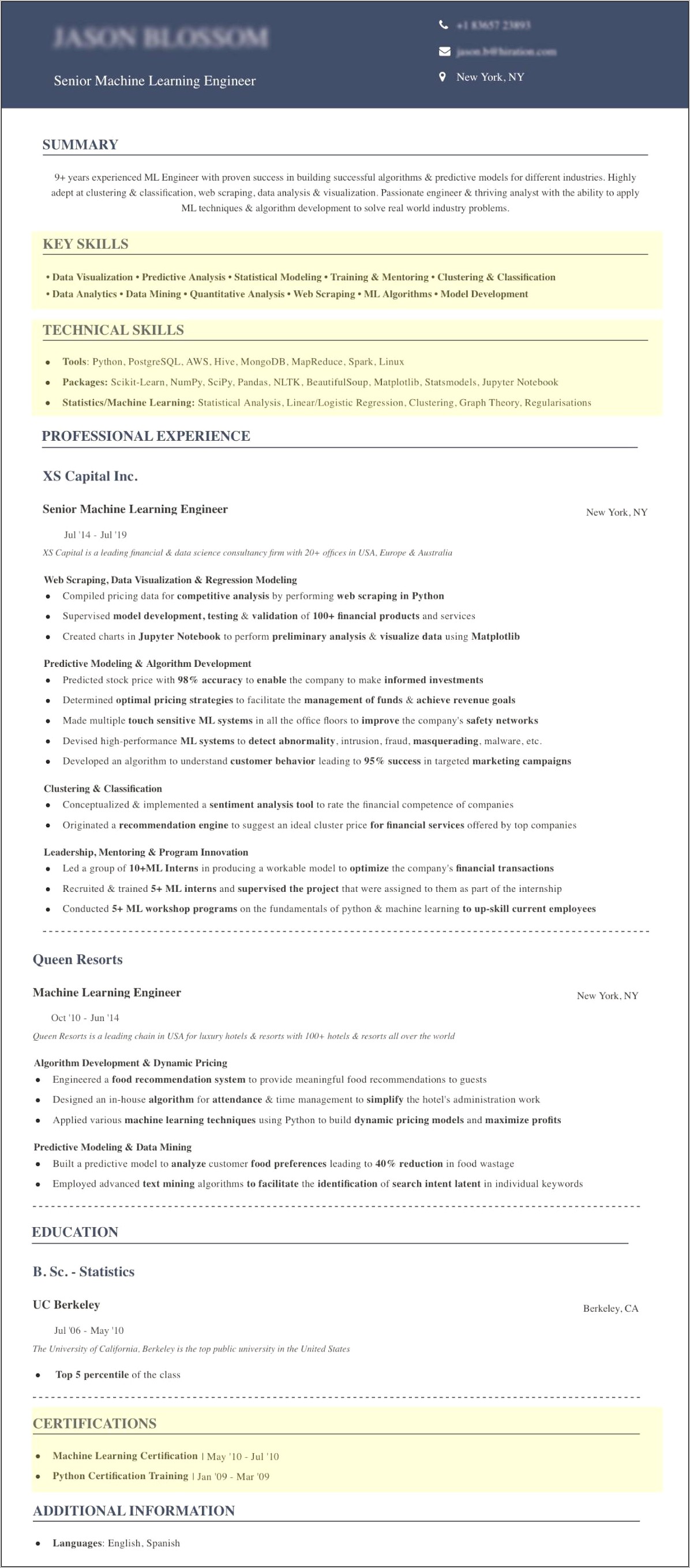 Python Machine Learning Sample Resume