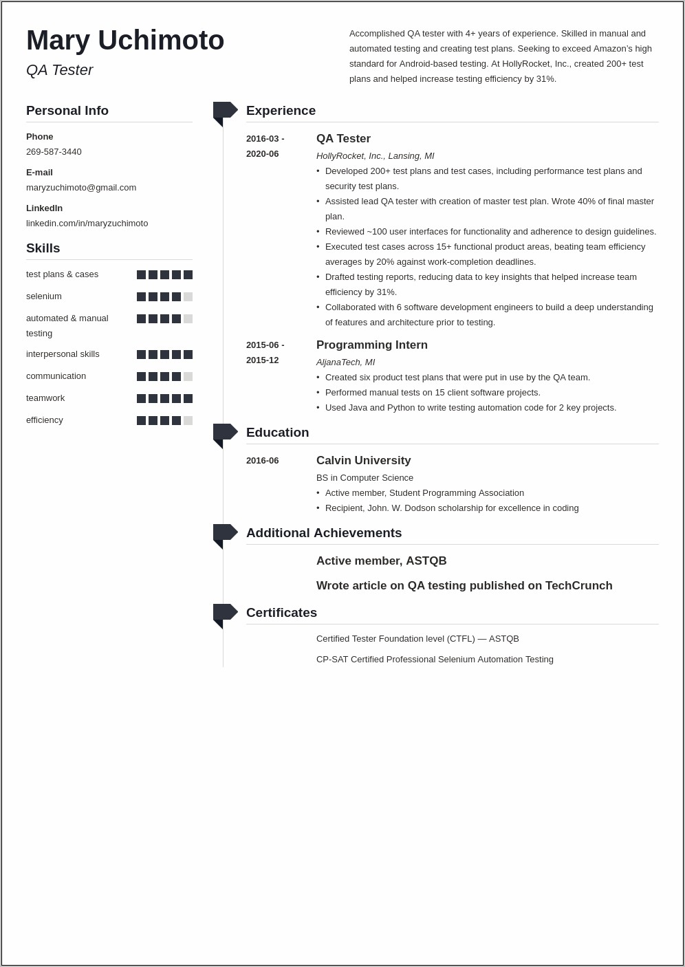 Qa Automation Tester Sample Resume