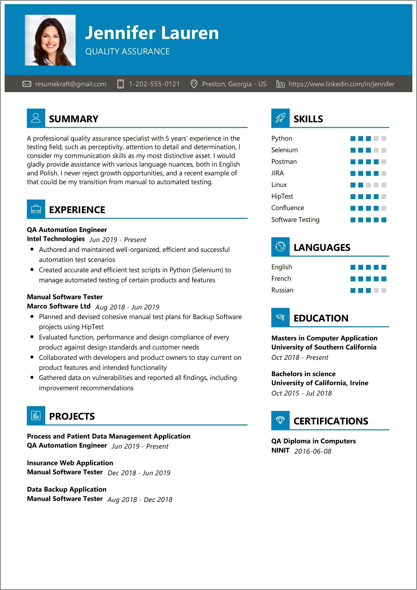 Qa Resume Samples For Freshers