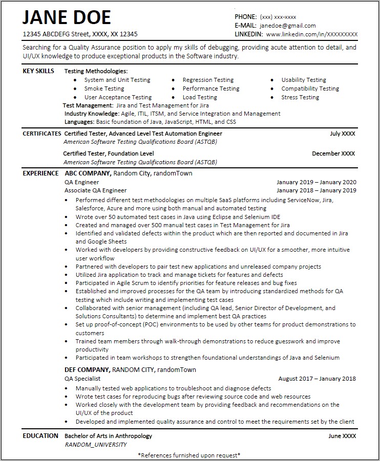 Qa Software Tester Resume Sample