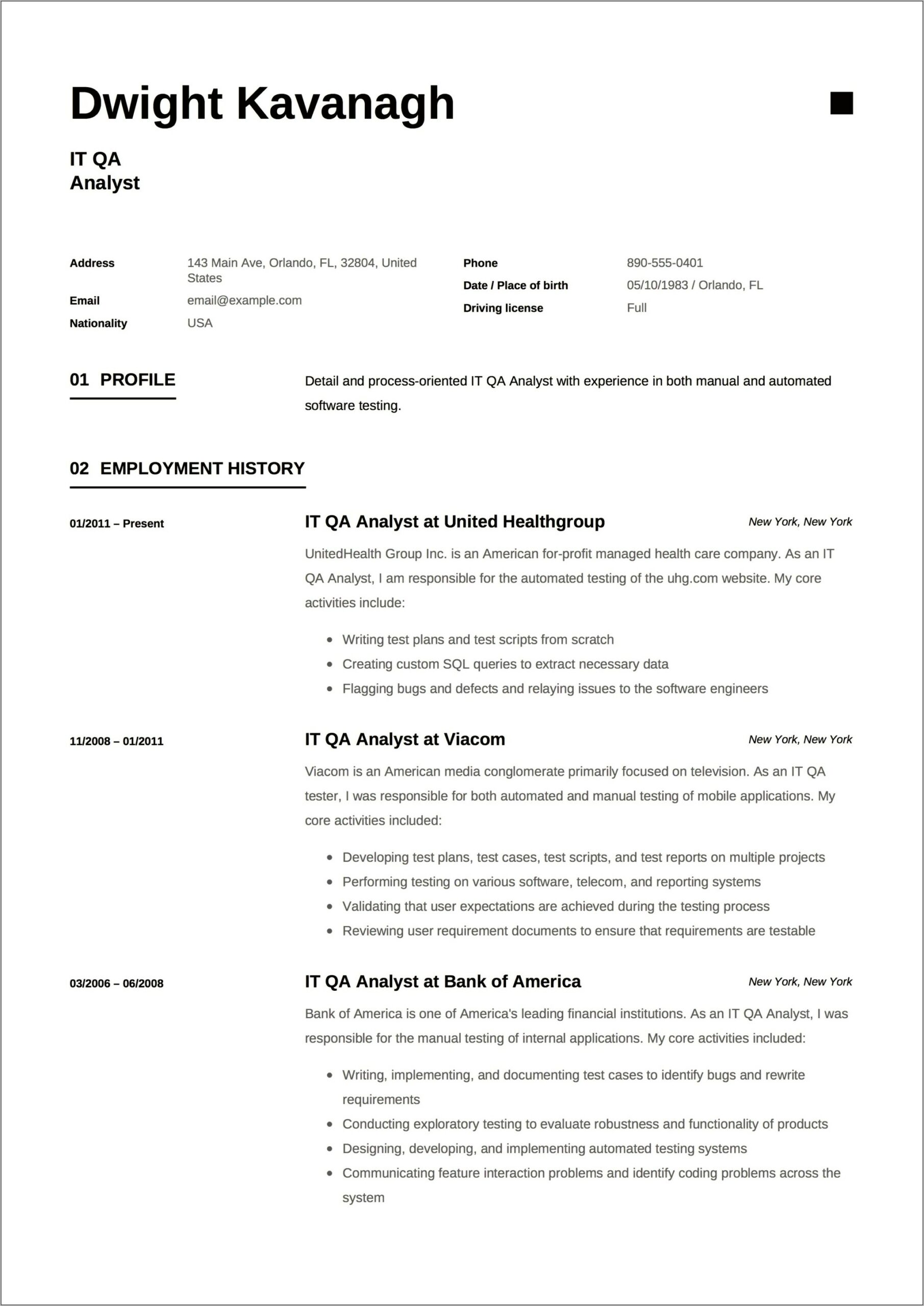 Quality Analyst Job Description Resume