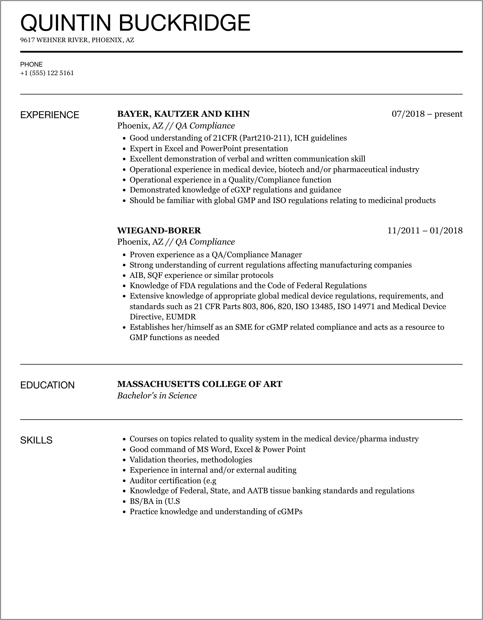 Quality And Compliance Manager Resume