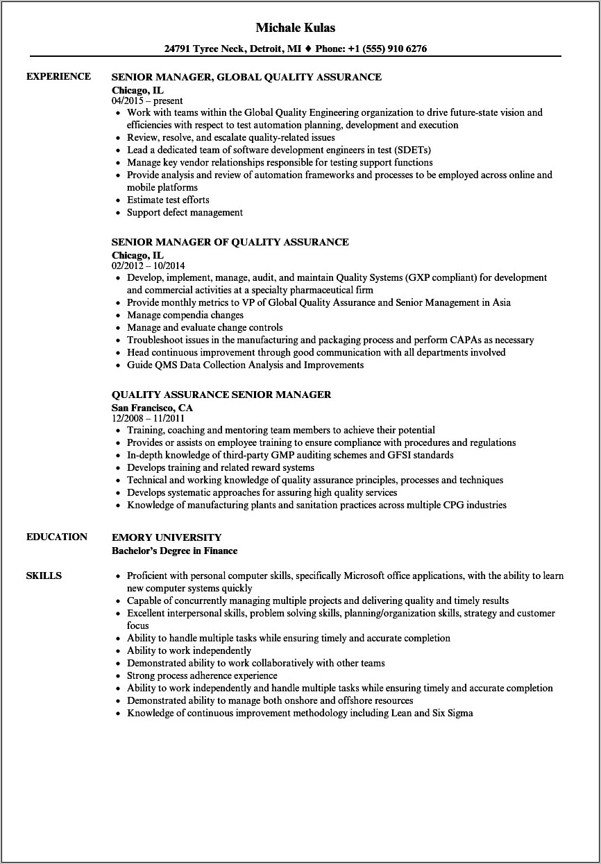 Quality Assurance Manager Healthcare Resume