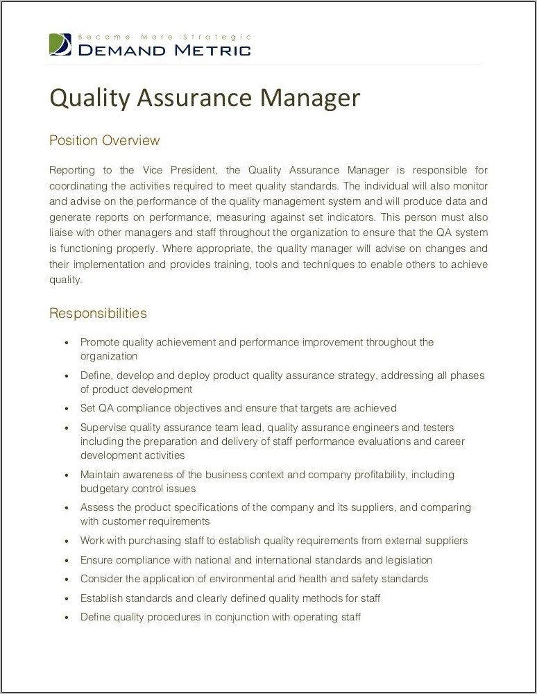 Quality Assurance Resume Job Description