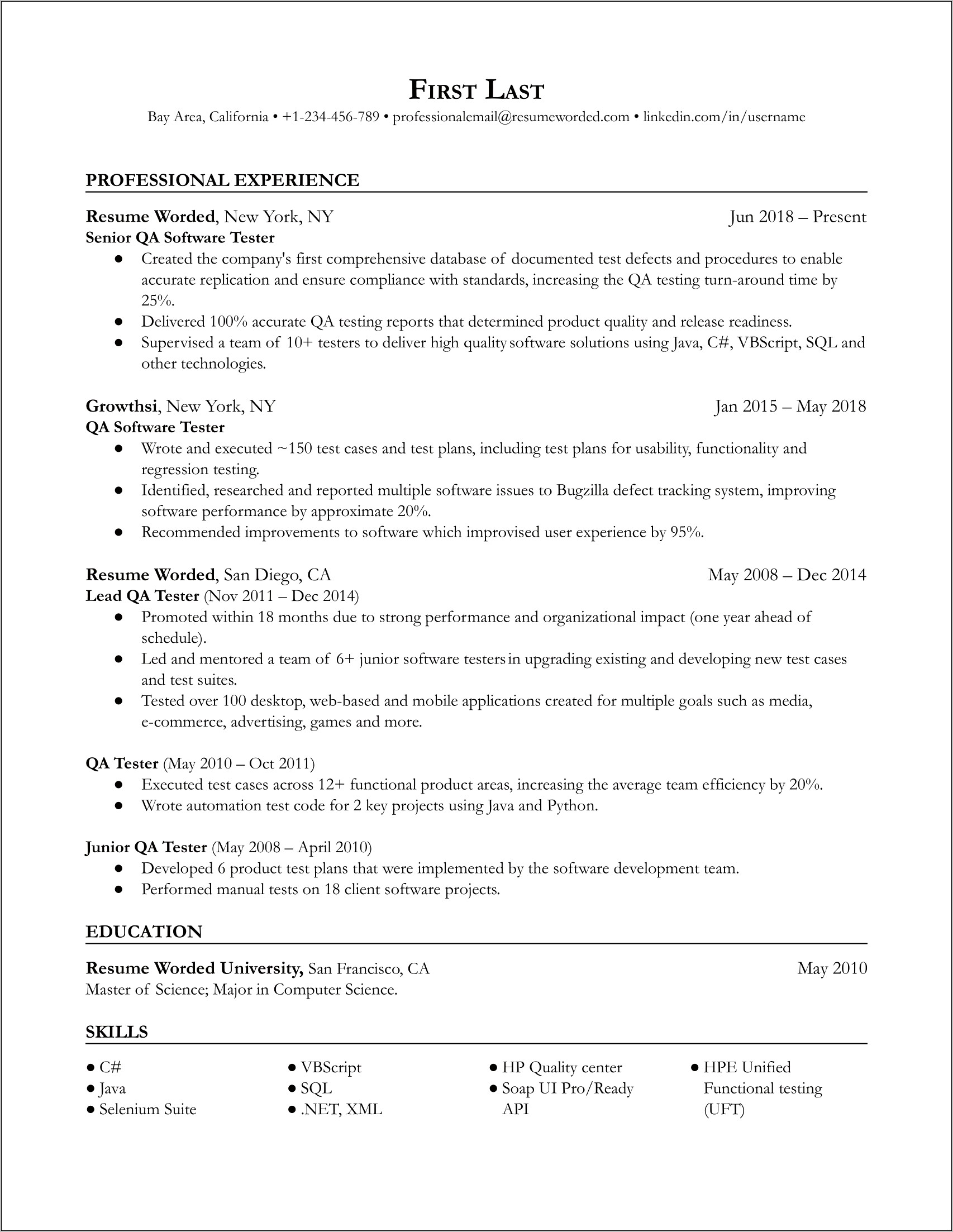 Quality Assurance Tester Resume Examples