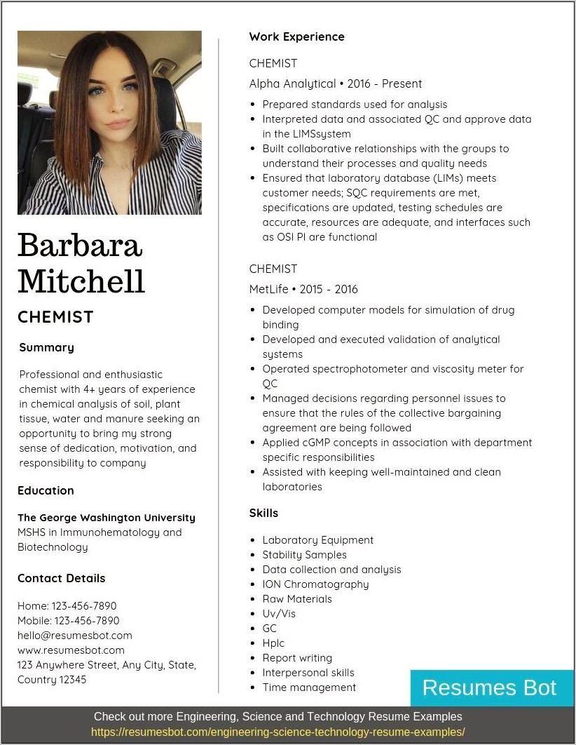 Quality Control Chemist Resume Sample