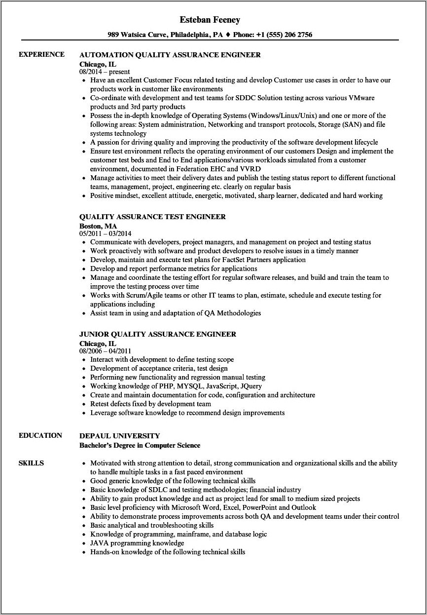 Quality Control Engineer Sample Resume