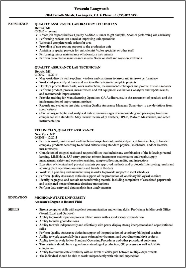 Quality Inspector Job Description Resume