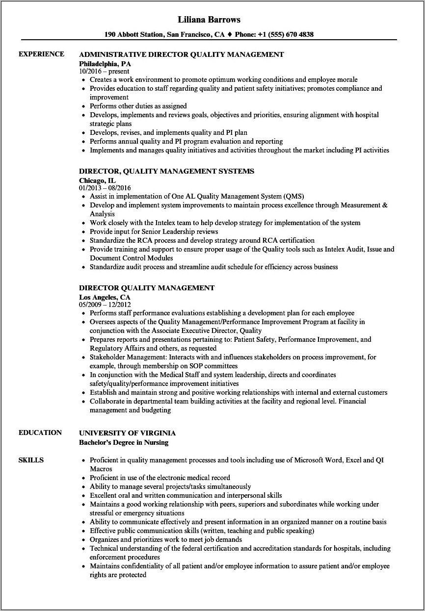 Quality Manager Functional Resume Example