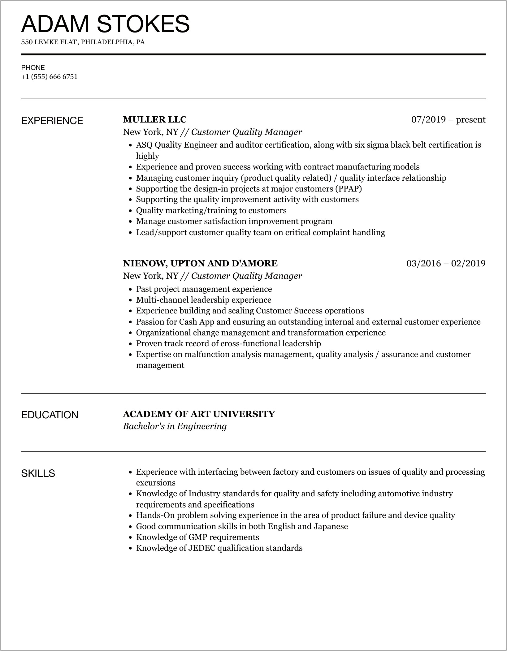 Quality Manager New Jersey Resume