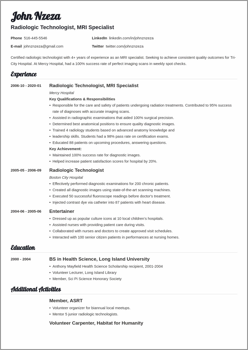 Radiologic Technologist Resume Objective Examples