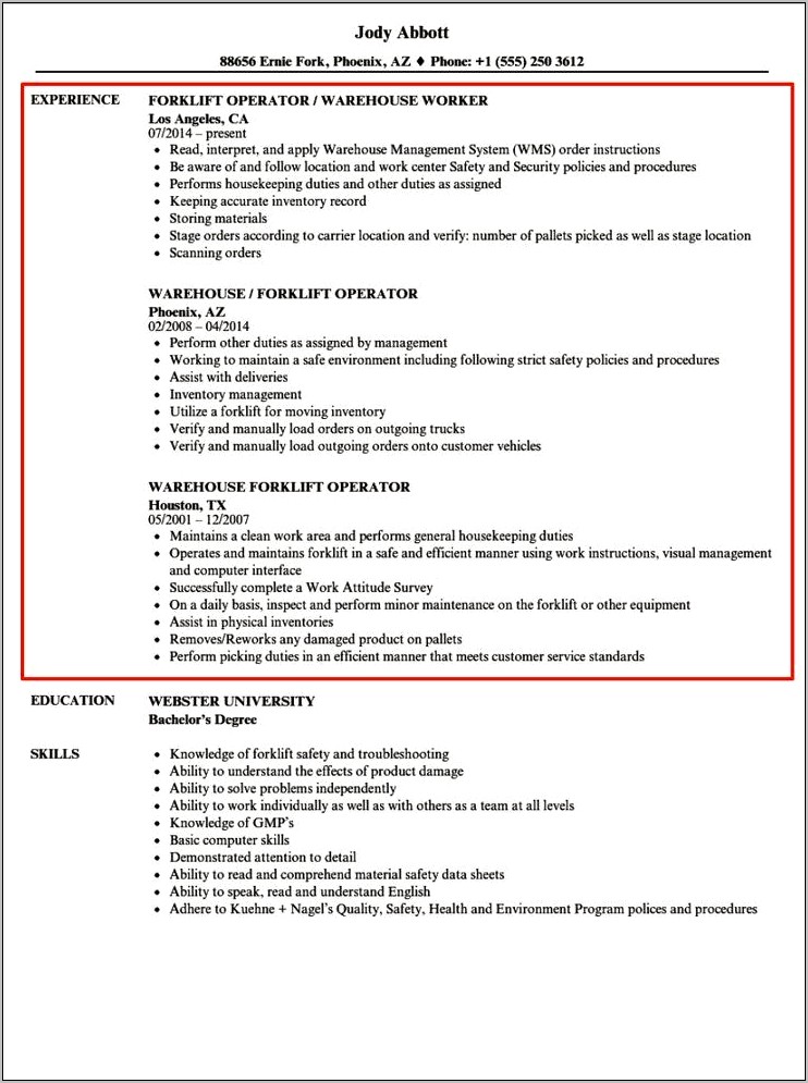 Reach Truck Operator Resume Sample