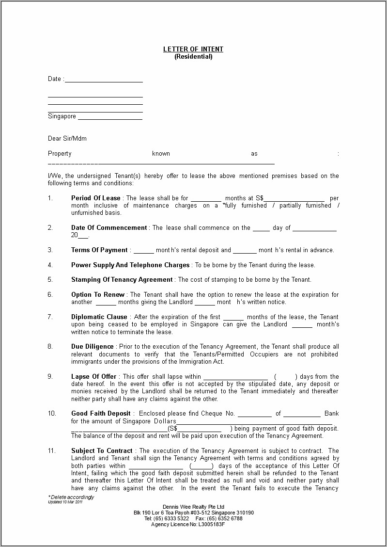 Real Estate Letter Of Intent Free Template