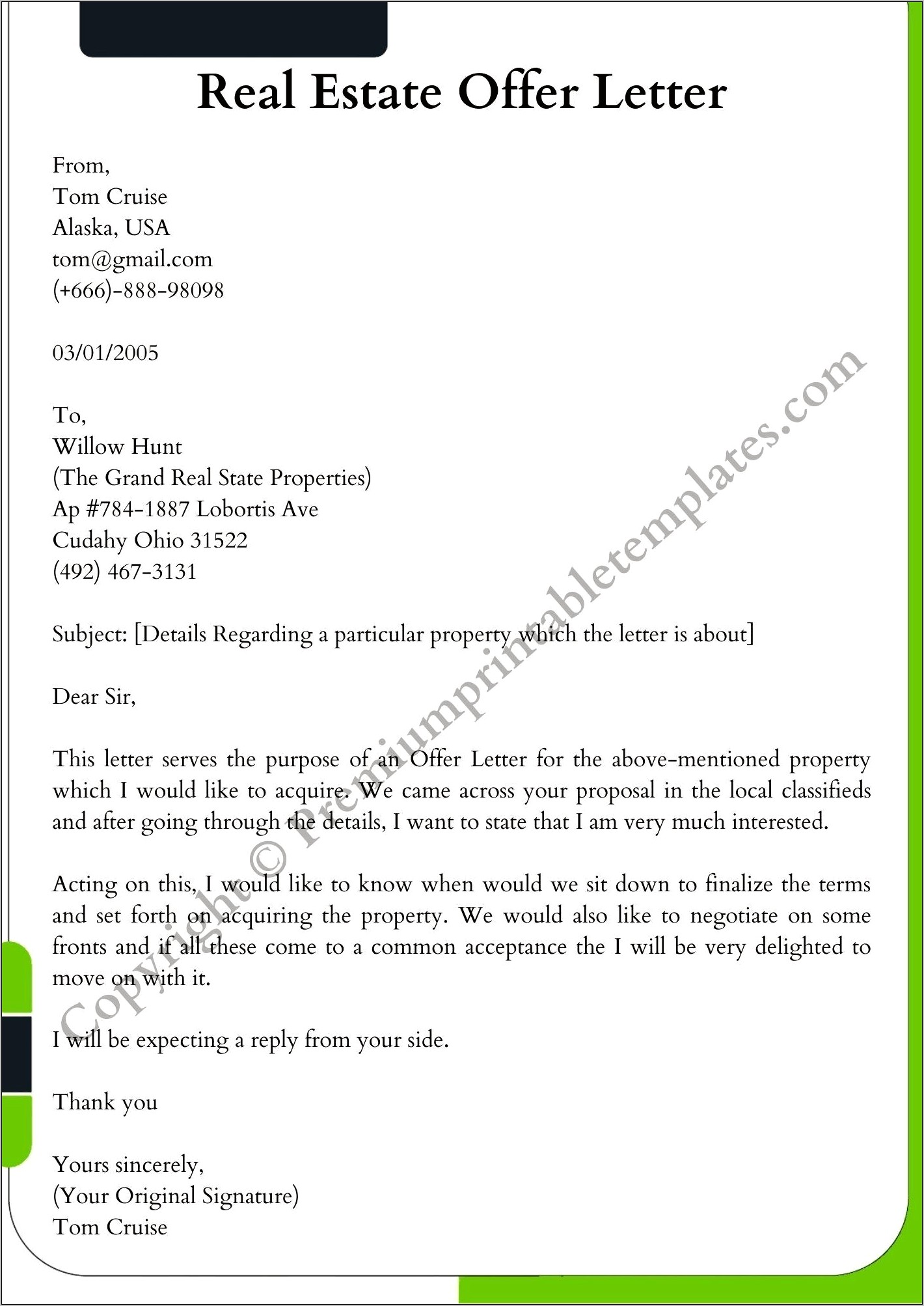 Real Estate Offer Letter Template Word Free Download