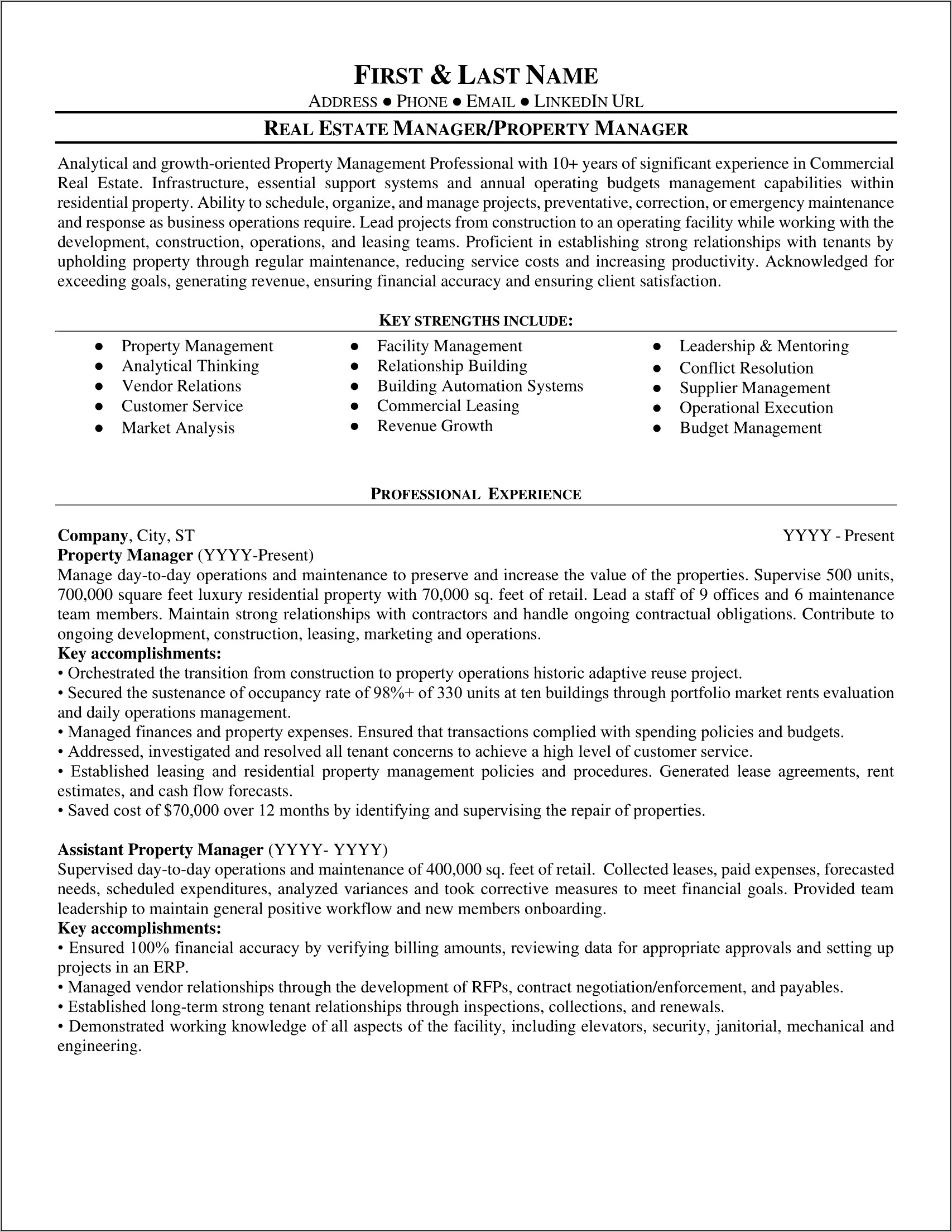 Real Estate Property Management Resume