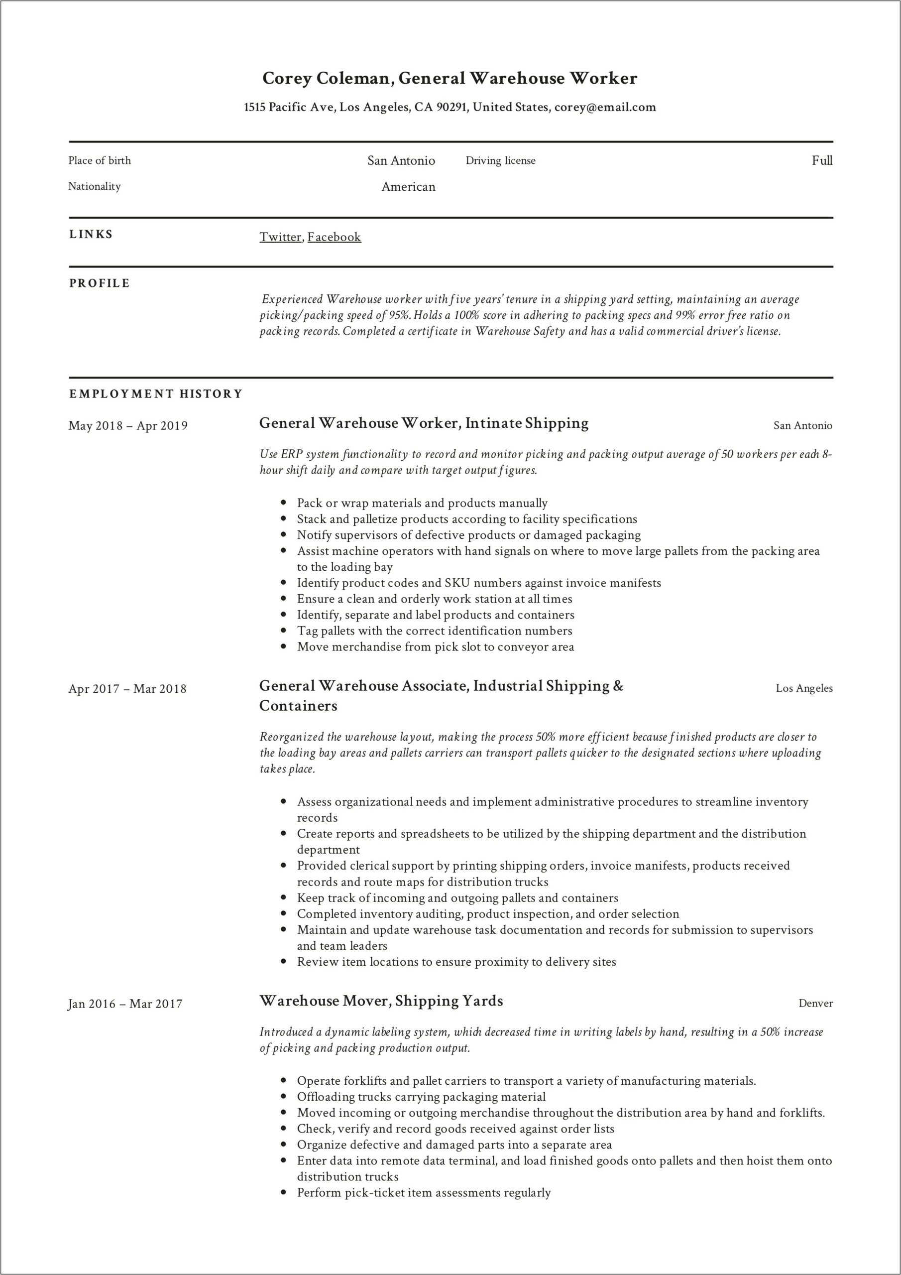 Receiver Job Description For Resume