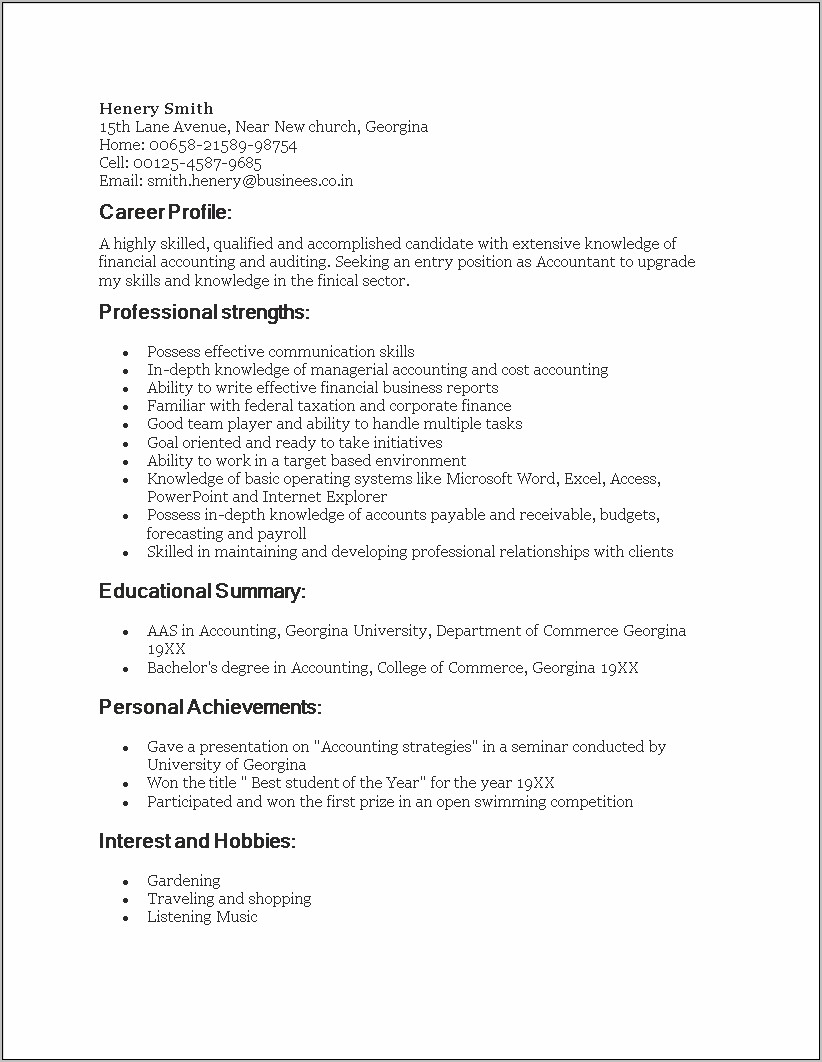 Recent Accounting Graduate Resume Sample