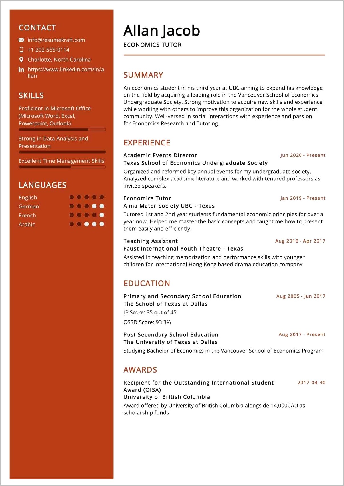 Recent Economics Graduate Resume Sample