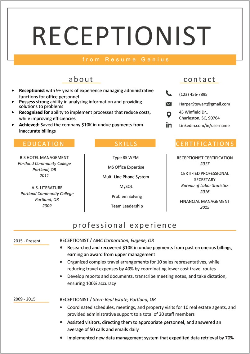 Receptionist Administrative Assistant Sample Resume