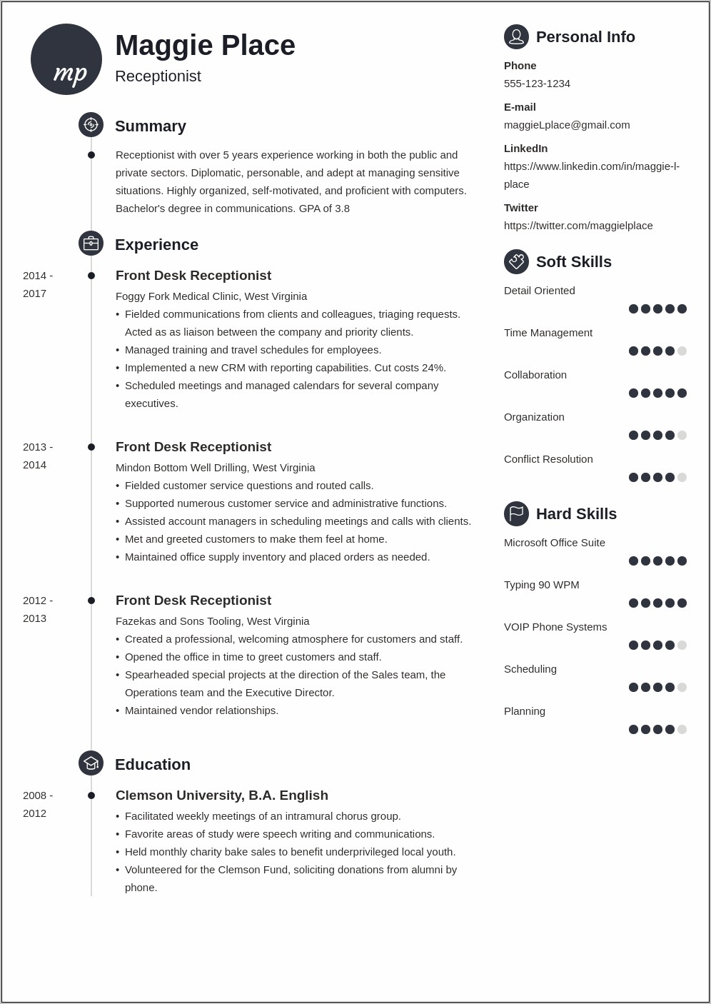Receptionist Resume Profile Statement Examples