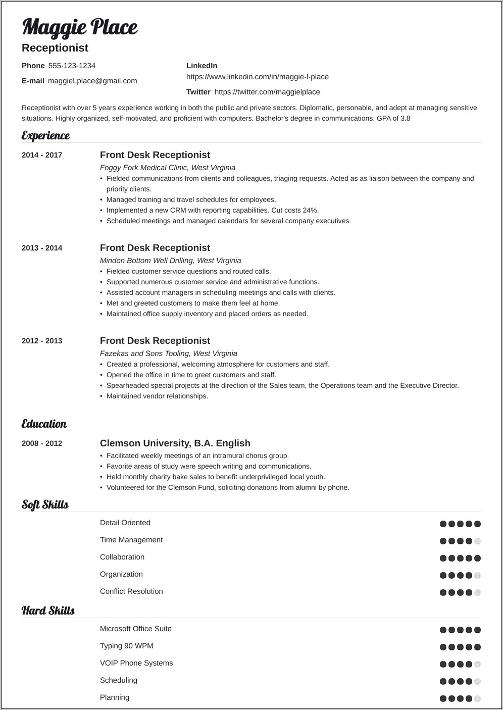 Receptionist Skills List For Resume